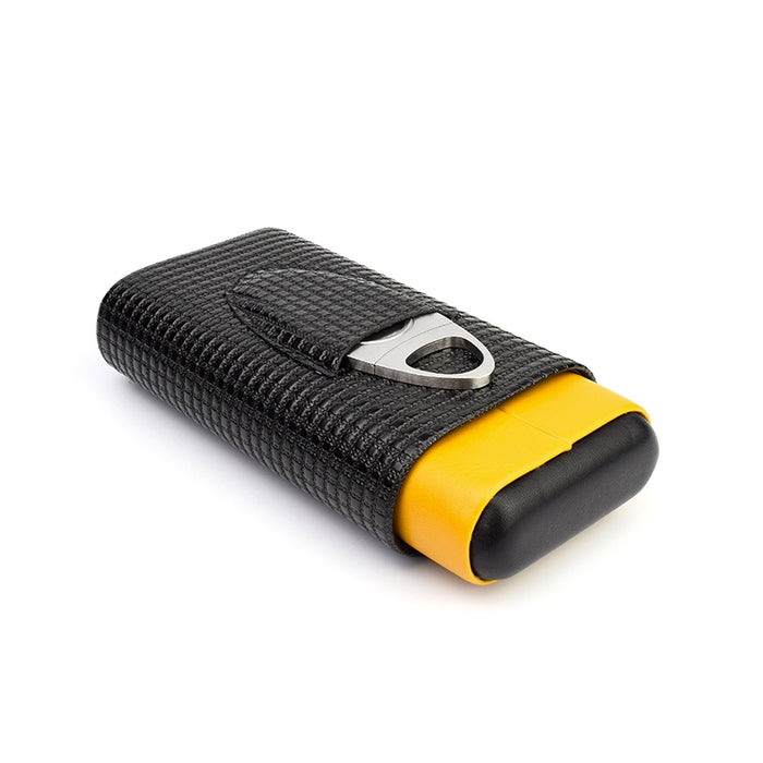 Black and Yellow 3 Cigars Case With Cigar Cutter