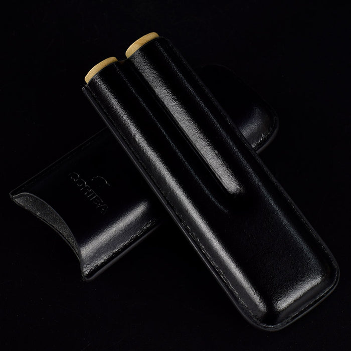COHIBA Black Leather Holder 2 Tube Travel Cigar Case Humidor