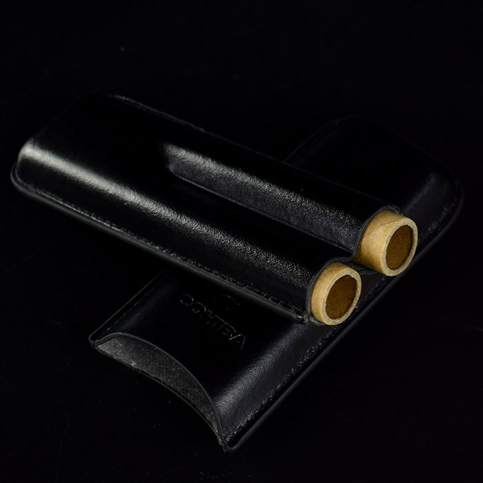 COHIBA Black Leather Holder 2 Tube Travel Cigar Case Humidor