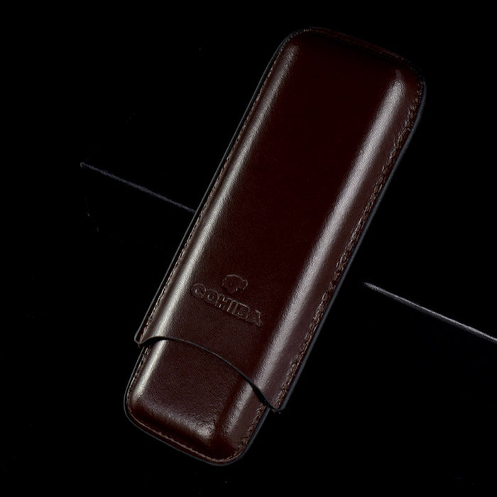 COHIBA Brown Leather Holder 2 Tube Travel Cigar Case Humidor