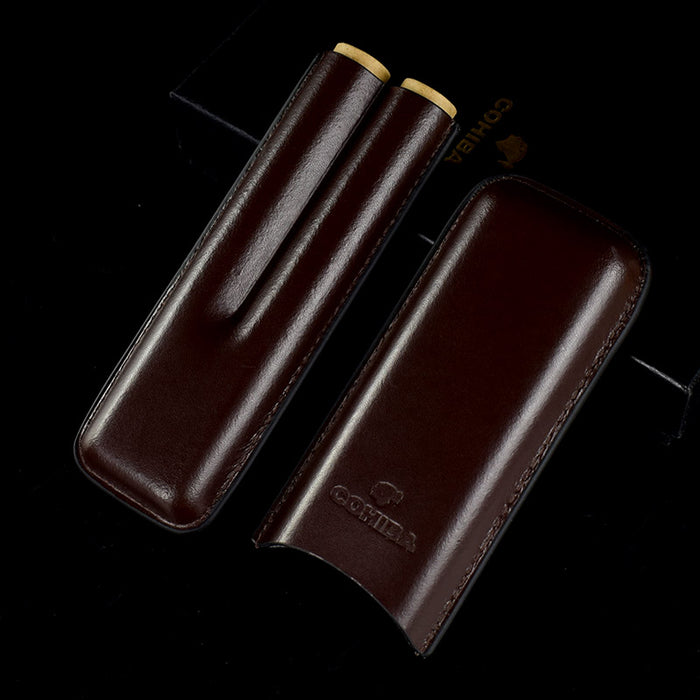 COHIBA Brown Leather Holder 2 Tube Travel Cigar Case Humidor