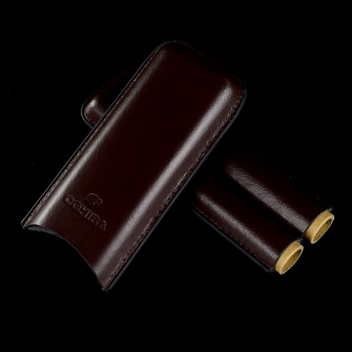 COHIBA Brown Leather Holder 2 Tube Travel Cigar Case Humidor