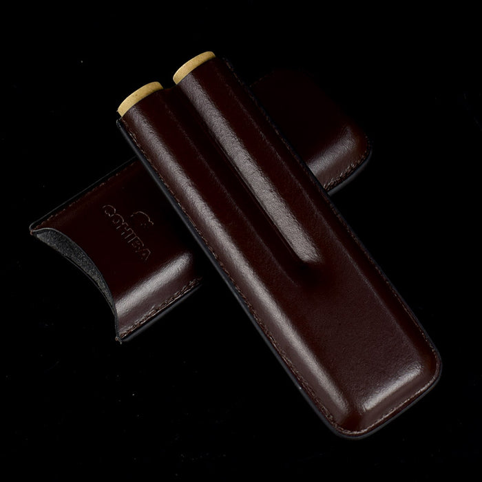 COHIBA Brown Leather Holder 2 Tube Travel Cigar Case Humidor