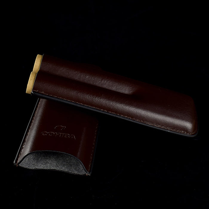COHIBA Brown Leather Holder 2 Tube Travel Cigar Case Humidor