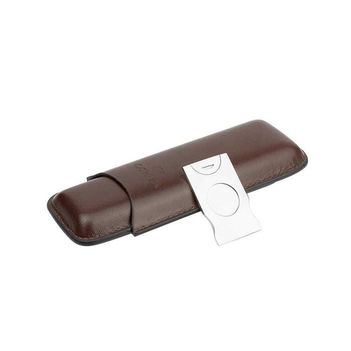 COHIBA Brown Leather Holder 2 Tube With Cutter