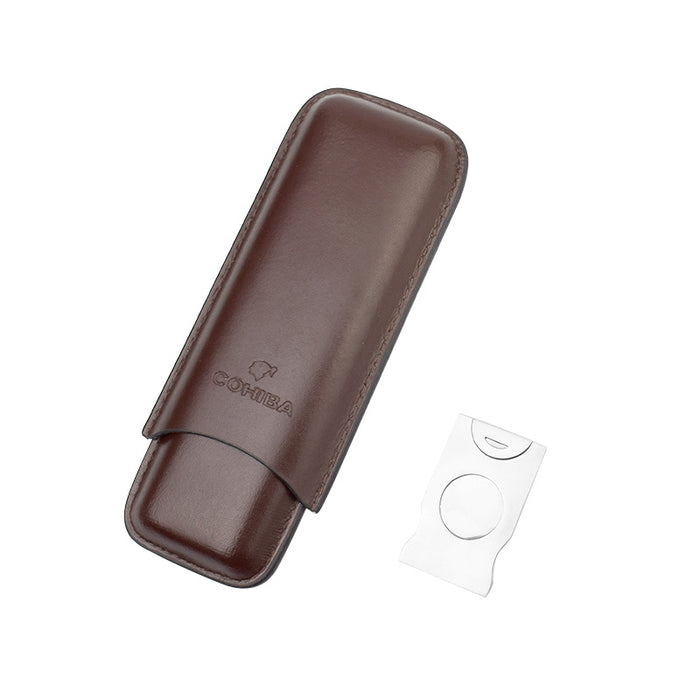COHIBA Brown Leather Holder 2 Tube With Cutter