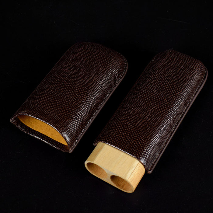COHIBA Leather 2 Tube Wooden Cigar Case/Holder Travel Humidor