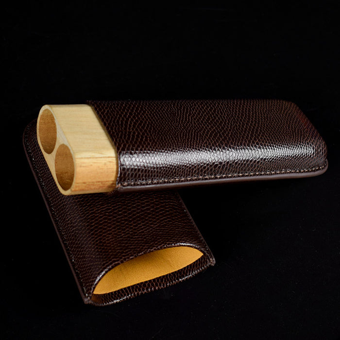 COHIBA Leather 2 Tube Wooden Cigar Case/Holder Travel Humidor