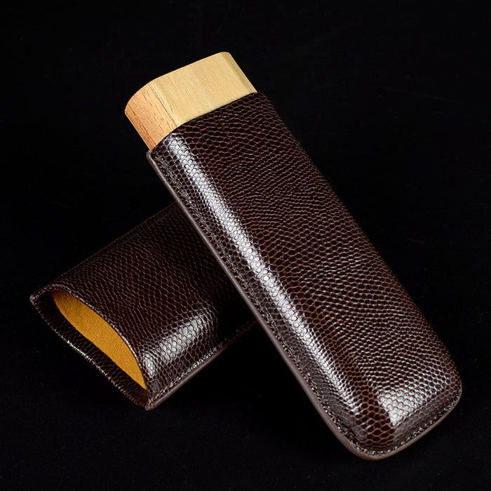 COHIBA Leather 2 Tube Wooden Cigar Case/Holder Travel Humidor