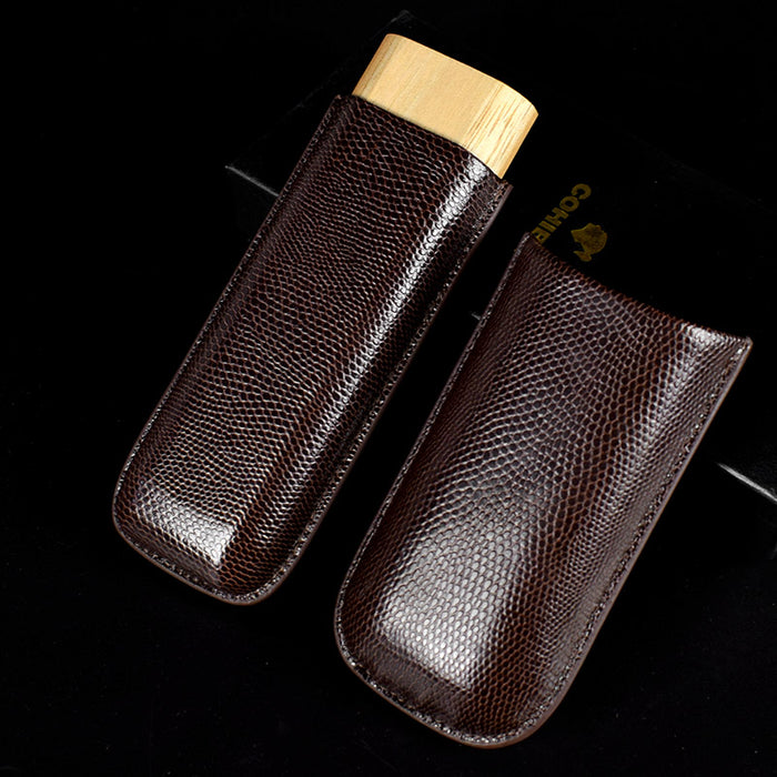 COHIBA Leather 2 Tube Wooden Cigar Case/Holder Travel Humidor