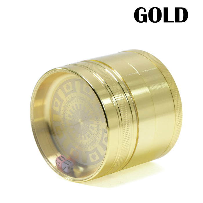 Dice and Turntable 63MM Four layer Zinc Alloy Herb Grinder | Gold Color