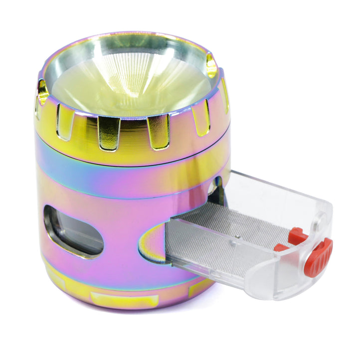 Drawer Design 63MM 4 Layer Zinc Alloy Herb Grinder With Ashtray-Ice Blue Rainbow Color