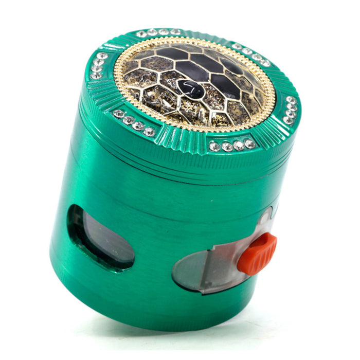 Drill Turtle Shell Zinc 4-Piece Herb Grinder With Side Window Drawer-Green Color