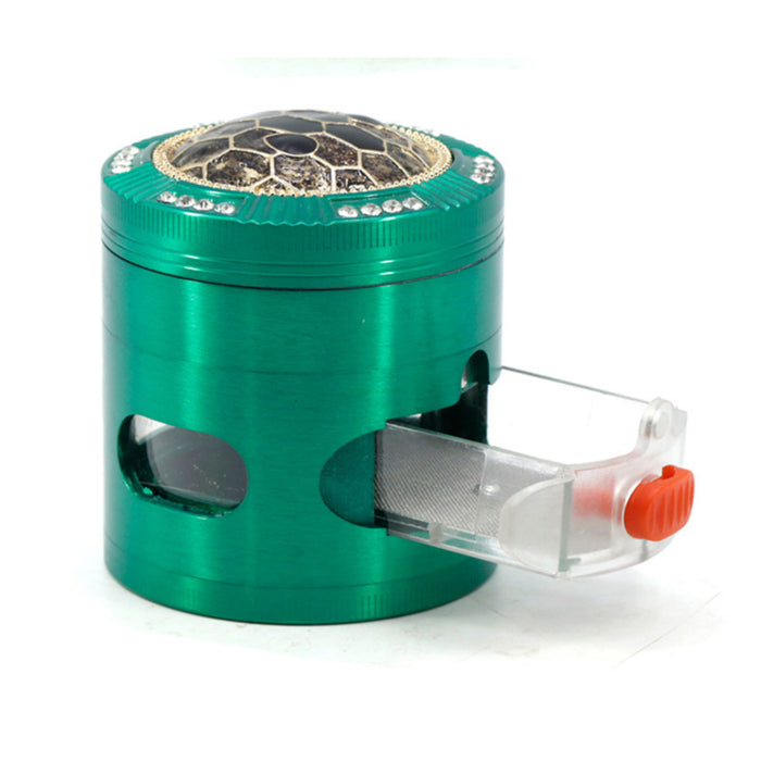 Drill Turtle Shell Zinc 4-Piece Herb Grinder With Side Window Drawer-Green Color