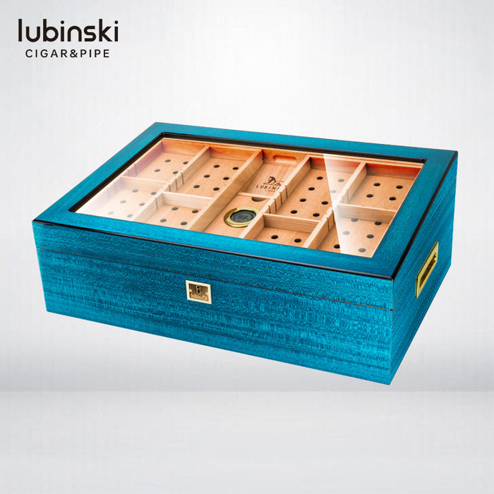LUBINSKI Cigar Box Lake Blue Multi-Layered Large Capacity With Windows Cedar Wood Cigar Humidor