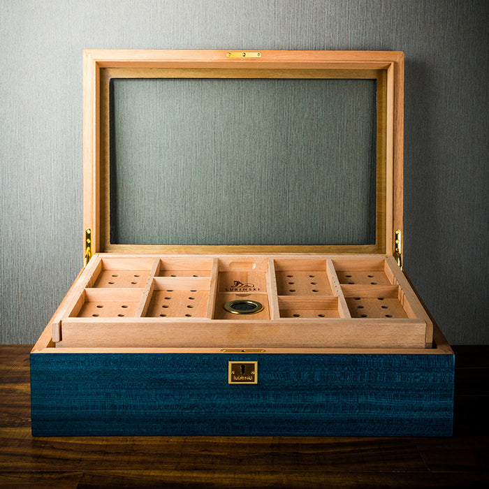 LUBINSKI Cigar Box Lake Blue Multi-Layered Large Capacity With Windows Cedar Wood Cigar Humidor