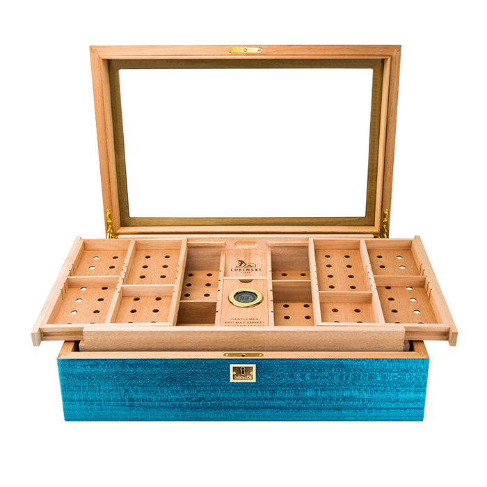LUBINSKI Cigar Box Lake Blue Multi-Layered Large Capacity With Windows Cedar Wood Cigar Humidor