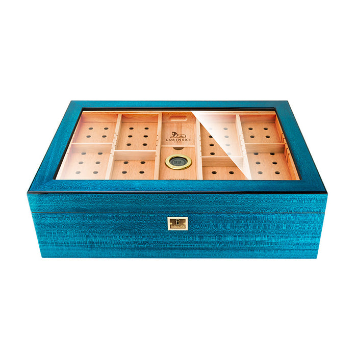 LUBINSKI Cigar Box Lake Blue Multi-Layered Large Capacity With Windows Cedar Wood Cigar Humidor