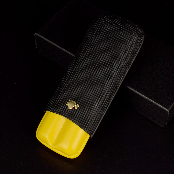 Leather 2 Tube Cigar Case Classic Travel Holder Humidor Black & Yellow