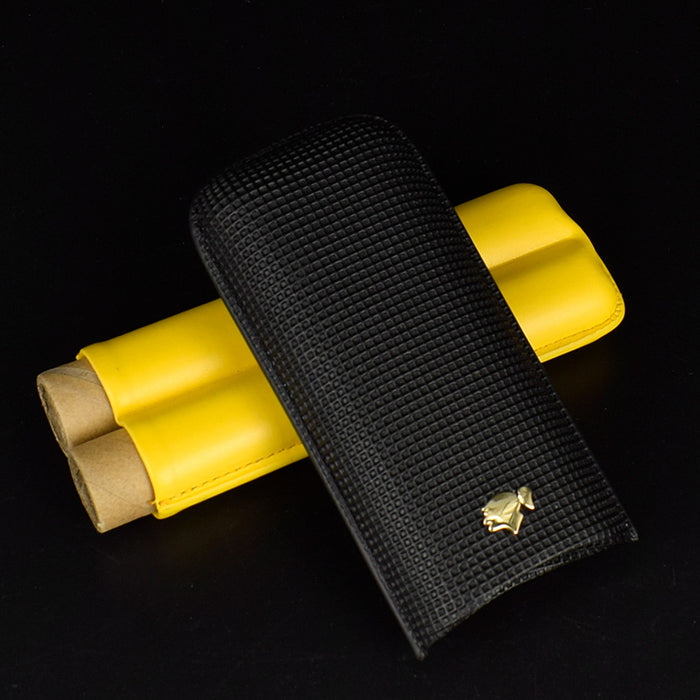 Leather 2 Tube Cigar Case Classic Travel Holder Humidor Black & Yellow