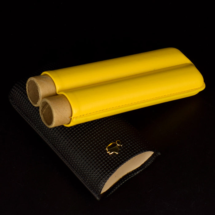 Leather 2 Tube Cigar Case Classic Travel Holder Humidor Black & Yellow
