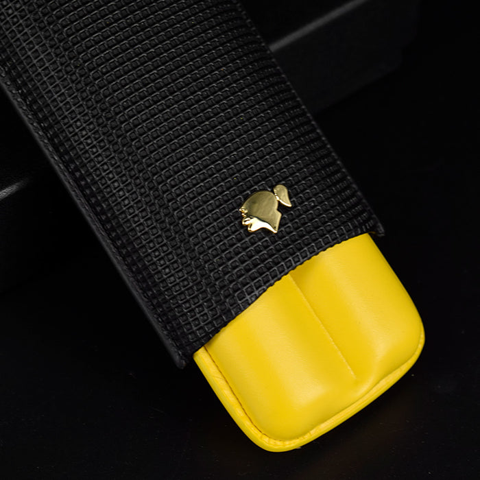 Leather 2 Tube Cigar Case Classic Travel Holder Humidor Black & Yellow