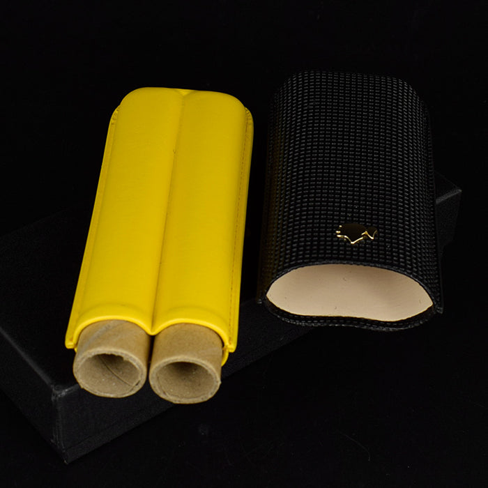 Leather 2 Tube Cigar Case Classic Travel Holder Humidor Black & Yellow