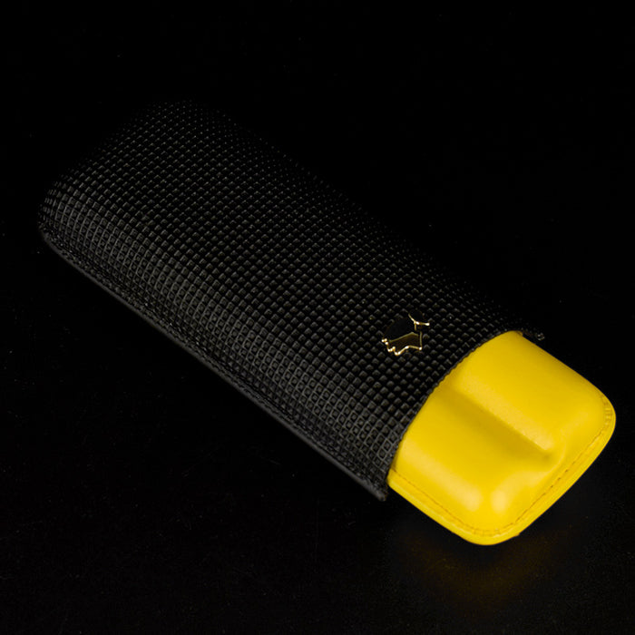 Leather 2 Tube Cigar Case Classic Travel Holder Humidor Black & Yellow
