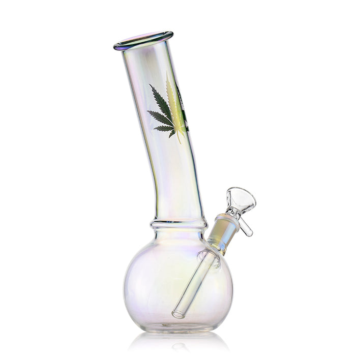 Plated Bent Neck Round Bottom Bong With Marijuana Leaf