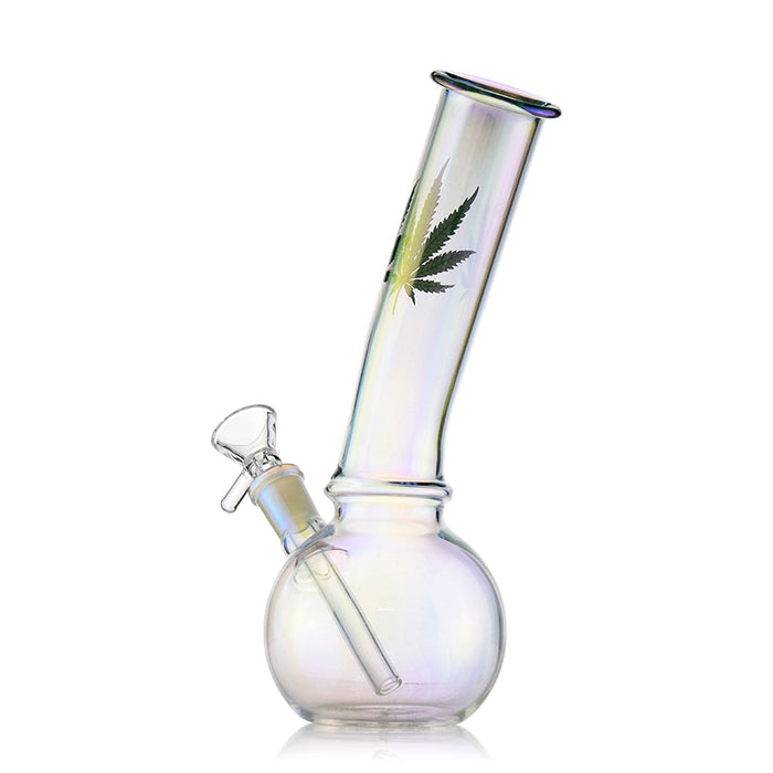 Plated Bent Neck Round Bottom Bong With Marijuana Leaf