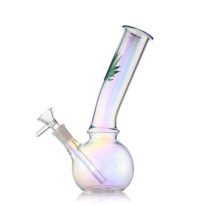 Plated Bent Neck Round Bottom Bong With Marijuana Leaf