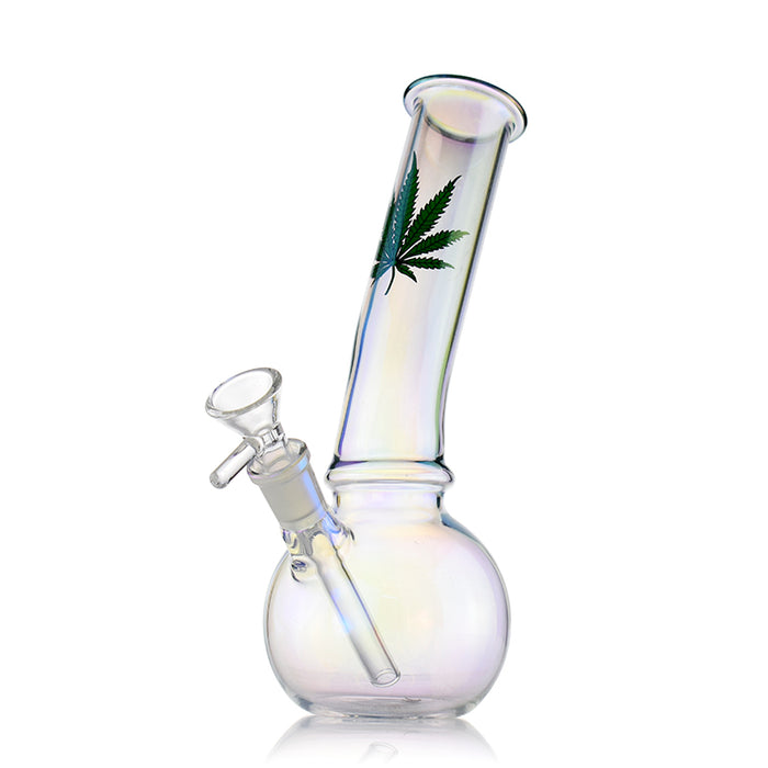 Plated Bent Neck Round Bottom Bong With Marijuana Leaf