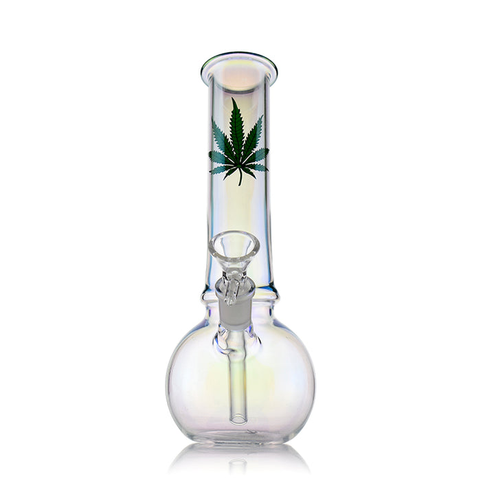 Plated Bent Neck Round Bottom Bong With Marijuana Leaf