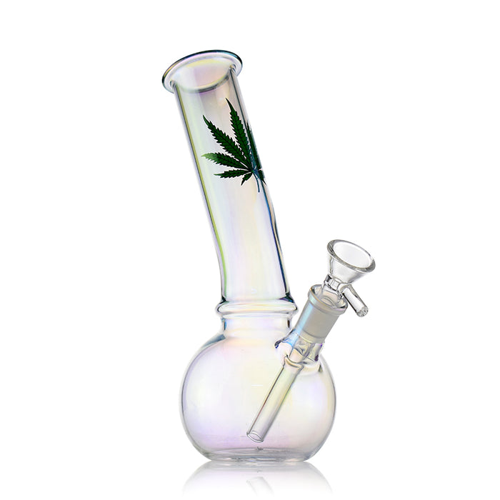 Plated Bent Neck Round Bottom Bong With Marijuana Leaf