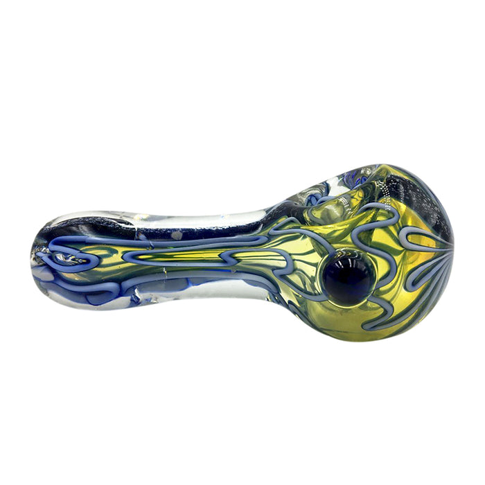 Inside-out Frit Texture Stripe Clear Glass Spoon Pipe with Black Marbles 138#