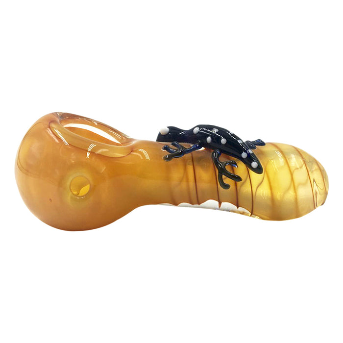 Yellow Gecko Spoon Hand Pipe with Black Lizard Lying Down 153#