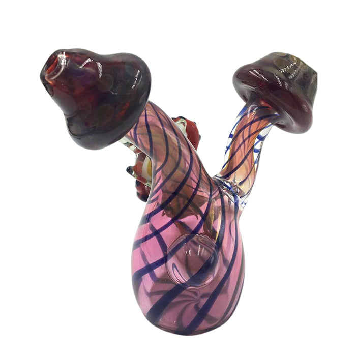 Double Pink Mushroom Glass Hand Pipe with Red Tree Frog Appendage  161#