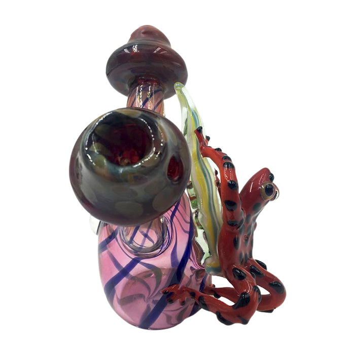 Double Pink Mushroom Glass Hand Pipe with Red Tree Frog Appendage  161#