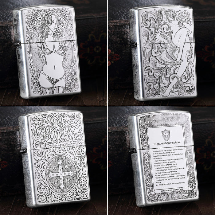 Sterling Silver Hand-Carved Windproof Kerosene Lighter