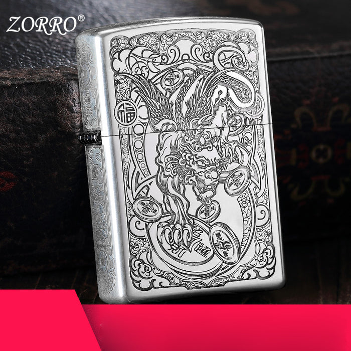 Sterling Silver Hand-Carved Windproof Kerosene Lighter