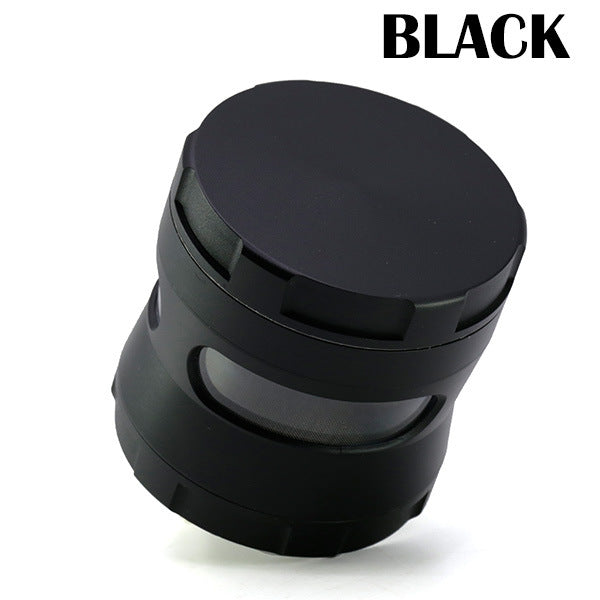 Thin Waist Side Transparent Window 4 Part Zinc Alloy 63MM Large Chamfering Grinder-Black