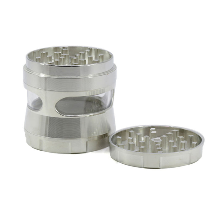Thin Waist Side Transparent Window 4 Part Zinc Alloy 63MM Large Chamfering  Grinder-Silver