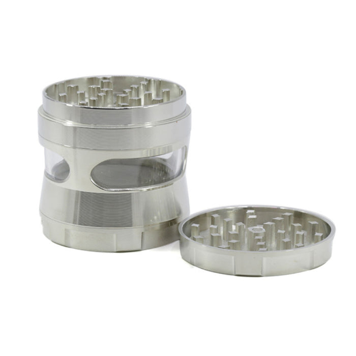 Thin Waist Side Transparent Window 4 Part Zinc Alloy 63MM Large Chamfering Weed Grinder-Silver