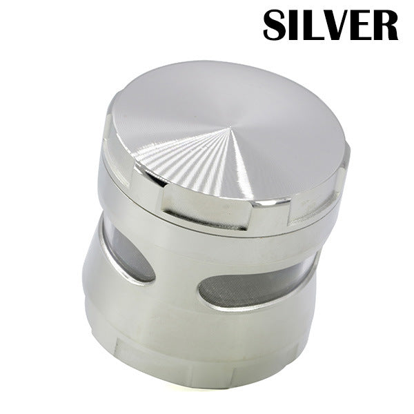 Thin Waist Side Transparent Window 4 Part Zinc Alloy 63MM Large Chamfering  Grinder-Silver