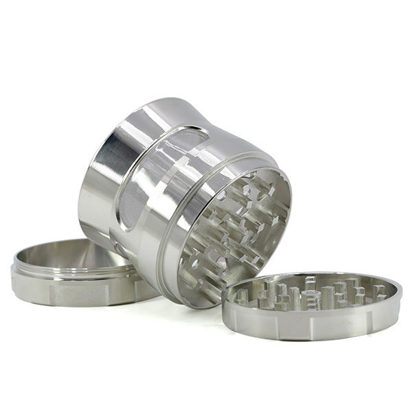 Thin Waist Side Transparent Window 4 Part Zinc Alloy 63MM Large Chamfering  Grinder-Silver