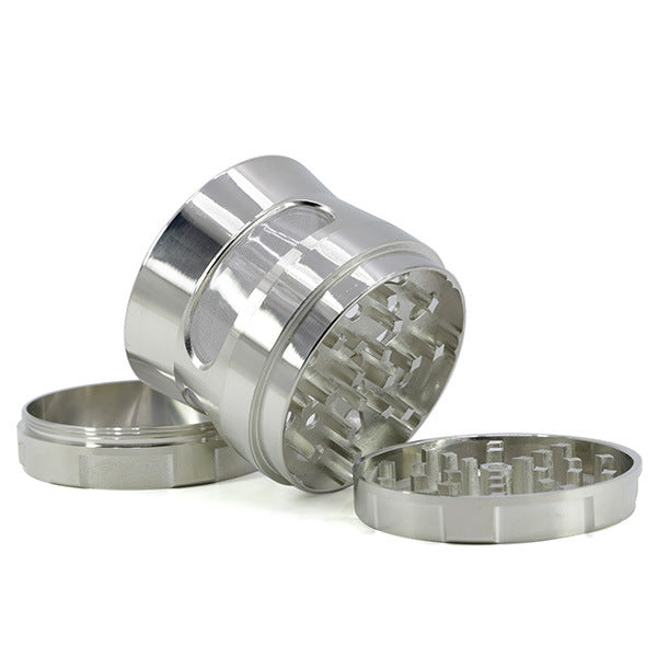 Thin Waist Side Transparent Window 4 Part Zinc Alloy 63MM Large Chamfering Weed Grinder-Silver