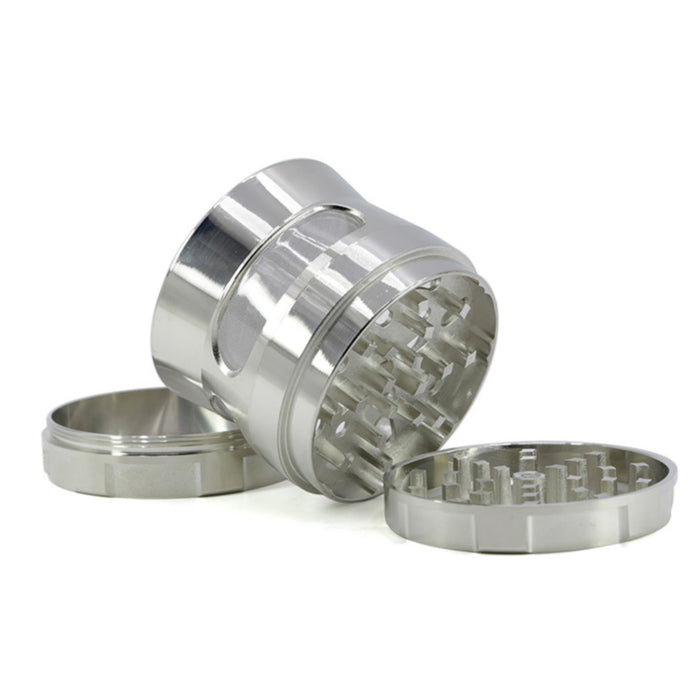 Thin Waist Side Transparent Window 4 Part Zinc Alloy 63MM Large Chamfering  Grinder-Silver