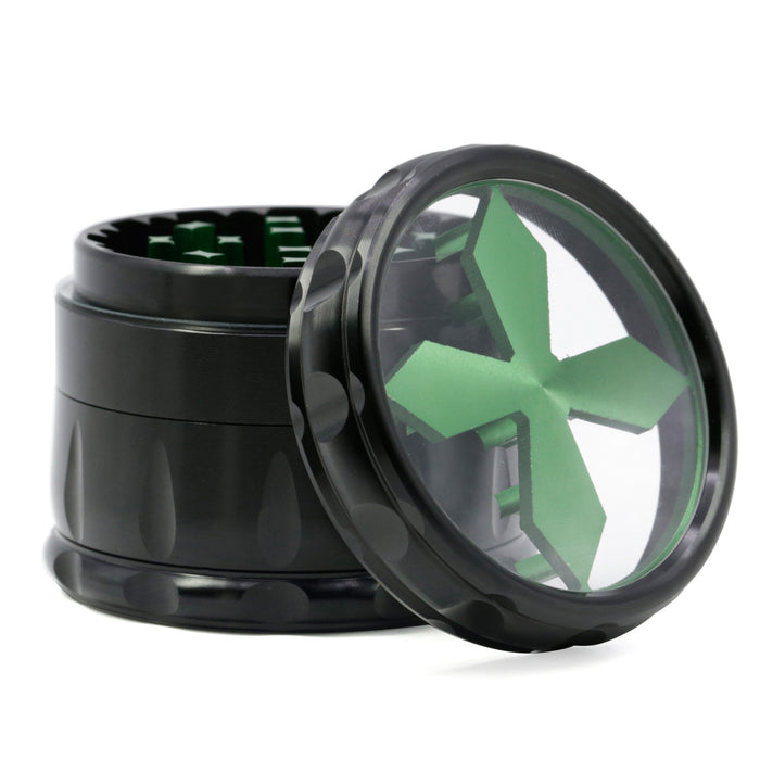 Transparent Cross-Shape Chamfer Drum-Shape 4 layer Aluminium Alloy Herb Grinder-Green Color