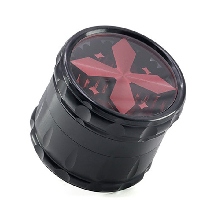 Transparent Cross-Shape Chamfer Drum-Shape 4 layer Aluminium Alloy Herb Grinder-Red Color
