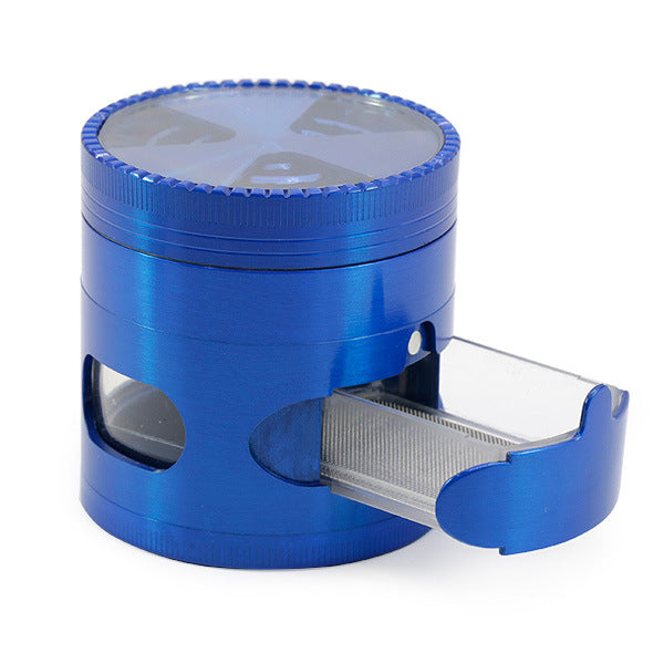 Zinc Alloy Four-Layer 63MM Signal Tooth Three-Leaf With Drawer Window Weed Grinder-Blue